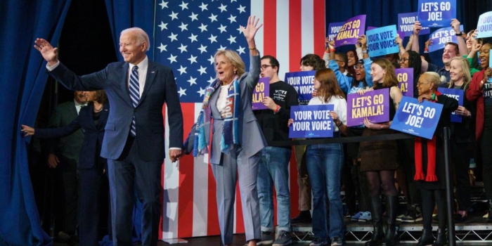 President Joe Biden and First Lady Jill Biden arrive for an event hosted by the Democratic National Committee to thank campaign workers, at Howard Theatre in Washington, DC, November 10, 2022. (Photo by MANDEL NGAN/AFP via Getty Images)