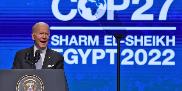  President Joe Biden delivers a speech during the COP27 climate conference in Egypt's Red Sea resort city of Sharm el-Sheikh, on November 11, 2022. - Biden arrived at UN climate talks in Egypt today, armed with major domestic achievements against global warming but under pressure to do more for countries reeling from natural disasters (Photo by AHMAD GHARABLI/AFP via Getty Images)