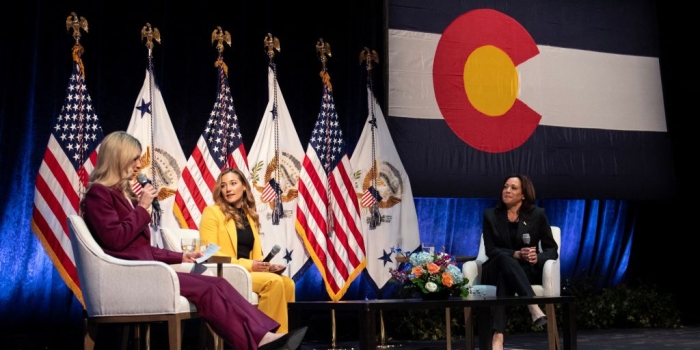  Vice President Kamala Harris (R) is joined on stage by Sasha DiGiulian (C) and US Representative Brittany Pettersen (D-CO) during a moderated conversation on the investments that have been made to tackle the climate crisis, as well as the work ahead, at the Arvada Center for Performing Arts in Arvada, Colorado, on March 6, 2023. (Photo by JASON CONNOLLY/AFP via Getty Images)